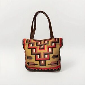 Southwestern Ethnic Canvas Purse Faux Leather Trim Handbag